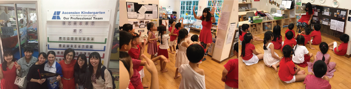 （左）和 Ascension Kindergarten校長、輔導老師的合照（左）新加坡國慶日 帶幼兒跳國慶日舞（右）說華語故事給幼兒聽